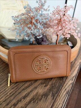 Tory Burch Cognac Leather Zip Wallet with Gold Logo